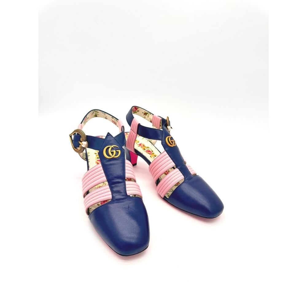 Gucci GG Logo T Strap Mid Heel Sandals Blue Pink Leather EU 38